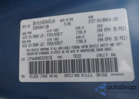 2005 Dodge Dakota Slt z USA, uszkodzony, nr VIN 1D7HW48N05S339156